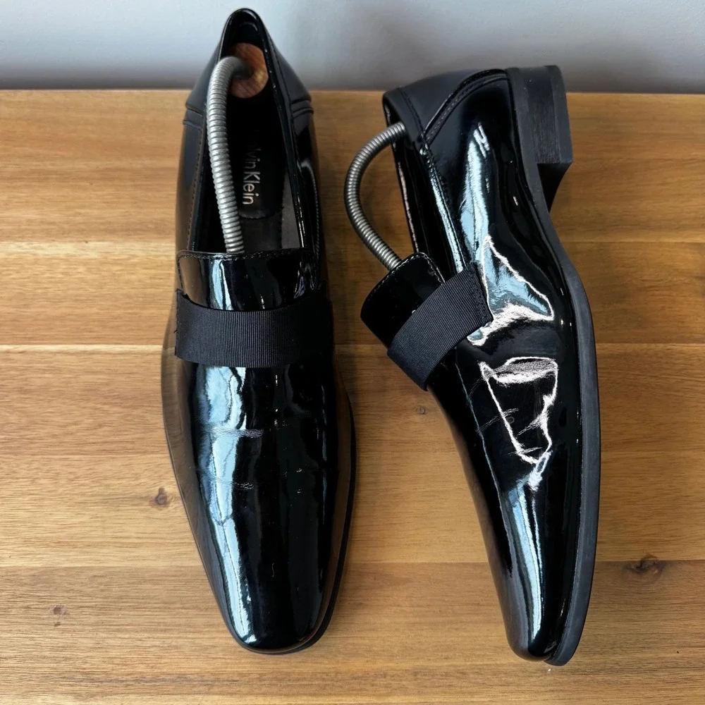 Calvin Klein Bernard Men 10 Black Patent Leather Formal Loafers Shoes 34F1511